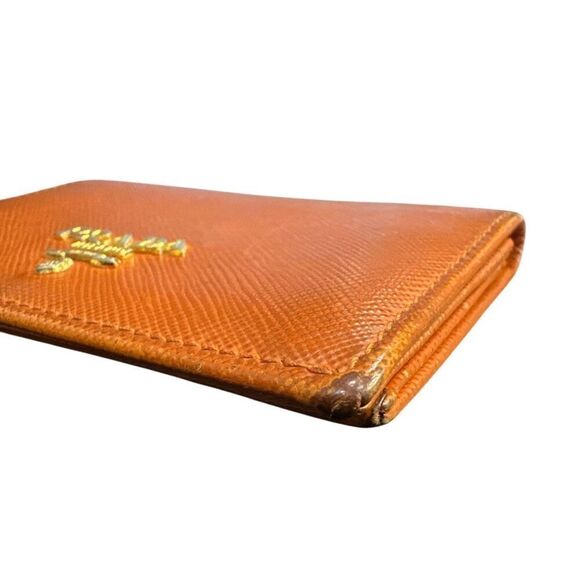 Prada Orange Saffiano Leather Card Holder Case Fold Over Style Mini Card Wallet - Picture 5 of 8